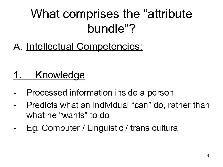 What comprises the “attribute bundle”? A. Intellectual Competencies: 1. - Knowledge Processed information inside