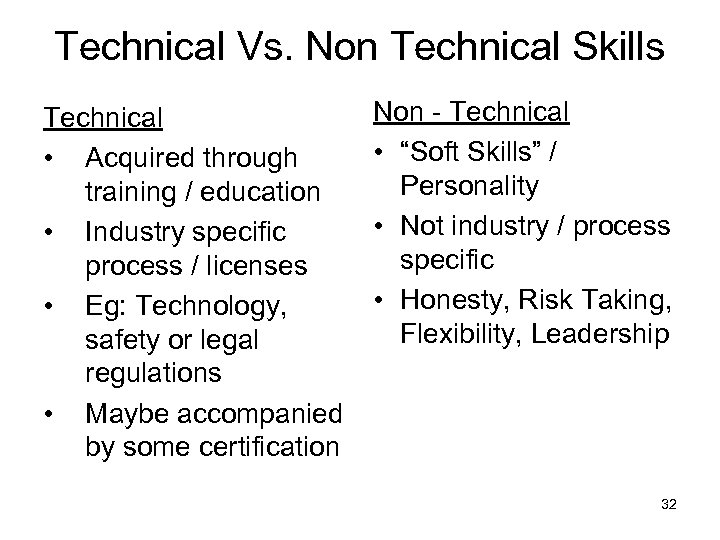 Technical Vs. Non Technical Skills Technical • Acquired through training / education • Industry
