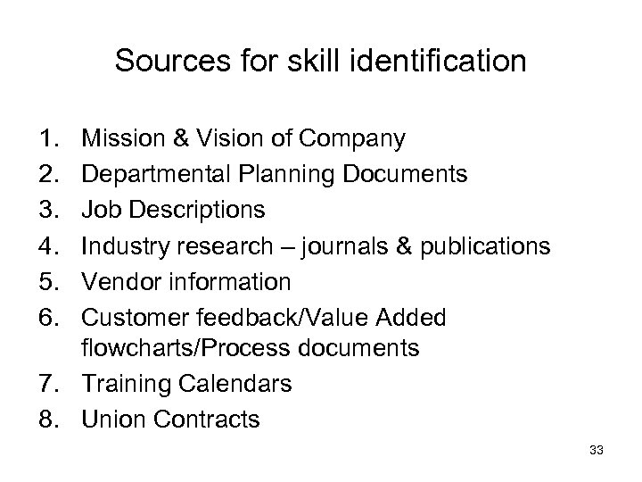 Sources for skill identification 1. 2. 3. 4. 5. 6. Mission & Vision of