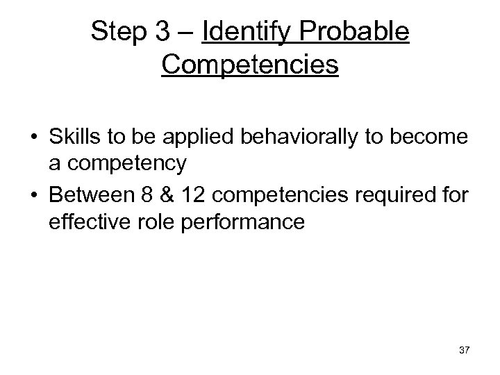 Step 3 – Identify Probable Competencies • Skills to be applied behaviorally to become
