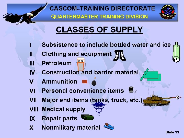CASCOM--TRAINING DIRECTORATE QUARTERMASTER TRAINING DIVISION CLASSES OF SUPPLY I II IV V VI VIII