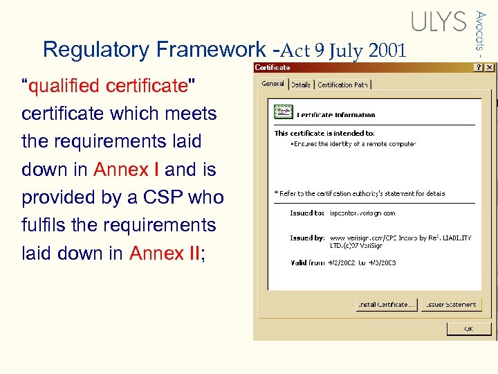 Regulatory Framework -Act 9 July 2001 “qualified certificate