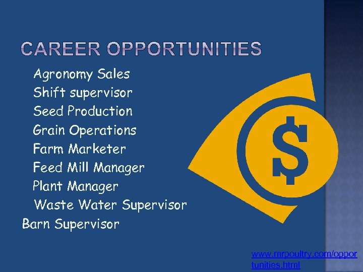  Agronomy Sales Shift supervisor Seed Production Grain Operations Farm Marketer Feed Mill Manager