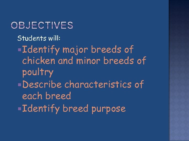  Students will: Identify major breeds of chicken and minor breeds of poultry Describe