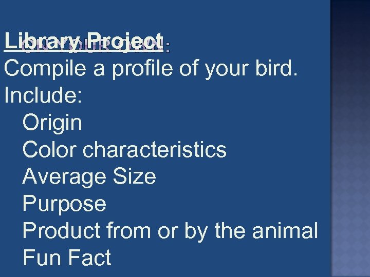 Library Project Compile a profile of your bird. Include: Origin Color characteristics Average Size
