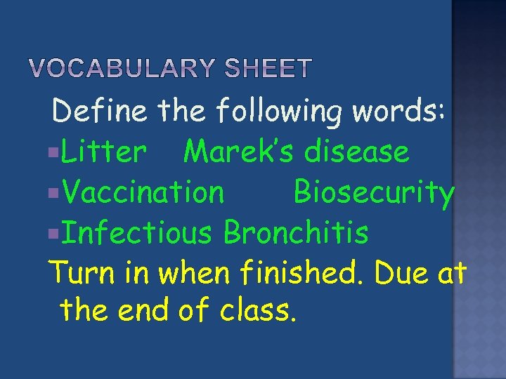  Define the following words: Litter Marek’s disease Vaccination Biosecurity Infectious Bronchitis Turn in