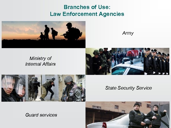 Branches of Use: Law Enforcement Agencies Army Ministry of Internal Affairs State Security Service