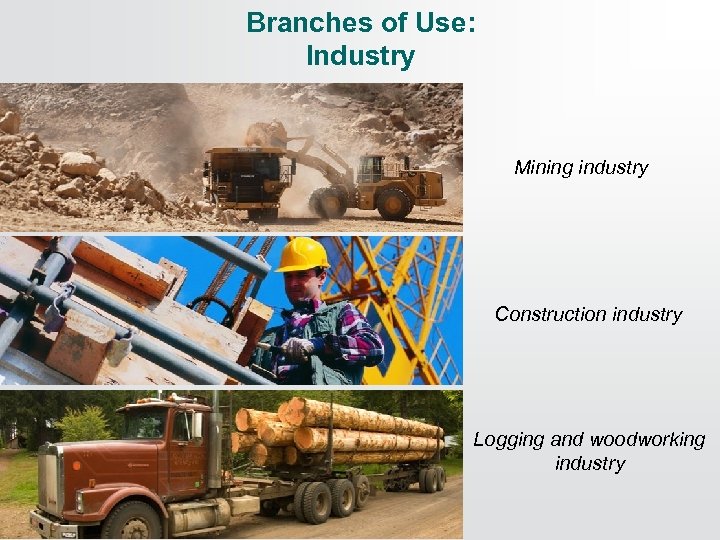 Branches of Use: Industry Mining industry Construction industry Logging and woodworking industry 