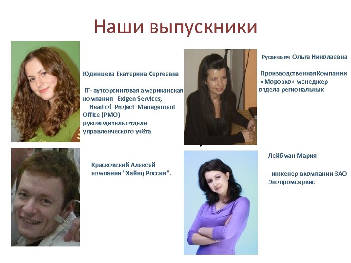  Наши выпускники Русакевич Ольга Николаевна Производственная. Компании «Морозко» менеджер IT- аутсорсинговая американская отдела