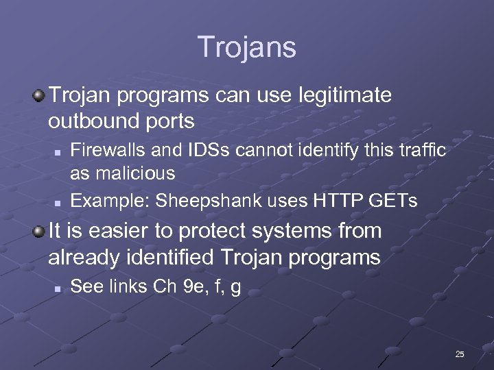 Trojans Trojan programs can use legitimate outbound ports n n Firewalls and IDSs cannot