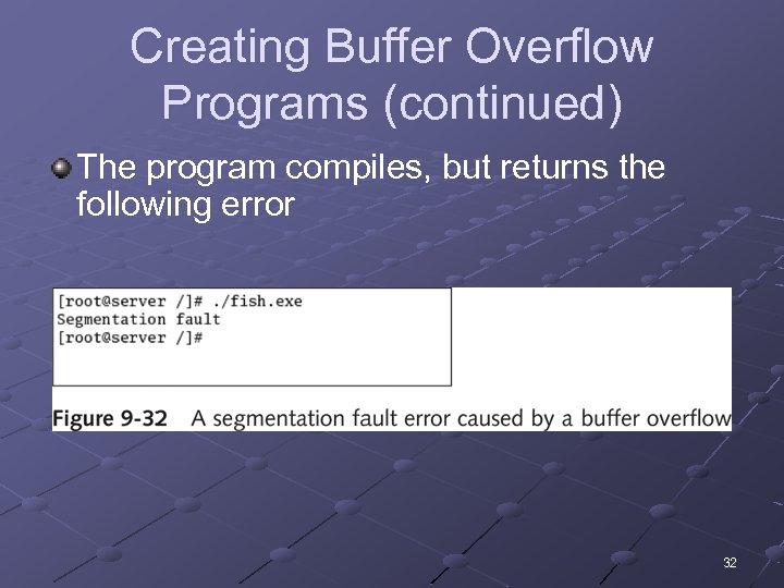 Creating Buffer Overflow Programs (continued) The program compiles, but returns the following error 32