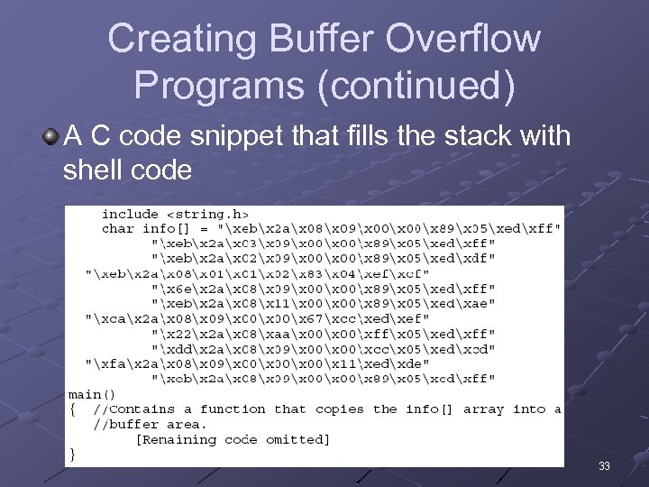 Creating Buffer Overflow Programs (continued) A C code snippet that fills the stack with