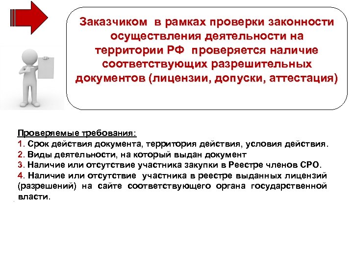 Заказчиком в рамках проверки законности осуществления деятельности на территории РФ проверяется наличие соответствующих разрешительных