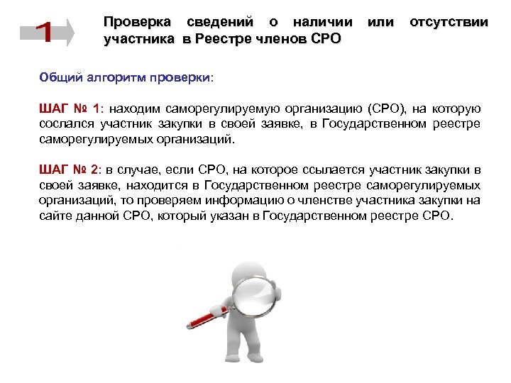 Проверка сведений о наличии участника в Реестре членов СРО или отсутствии Общий алгоритм проверки: