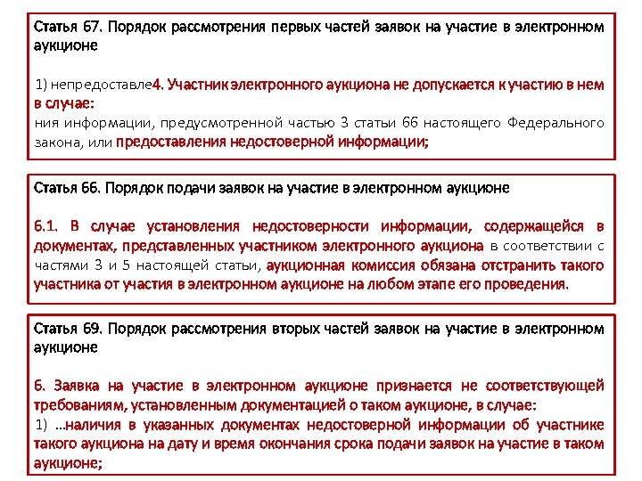 Статья 67. Порядок рассмотрения первых частей заявок на участие в электронном аукционе 1) непредоставле