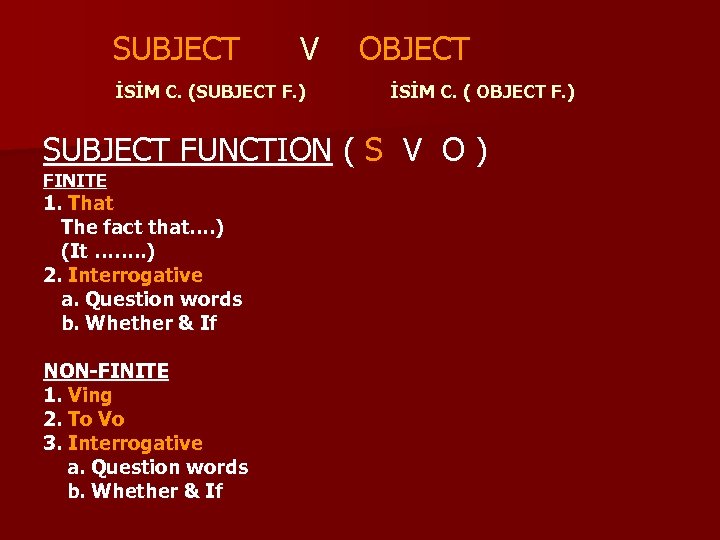  SUBJECT V OBJECT İSİM C. (SUBJECT F. ) İSİM C. ( OBJECT F.