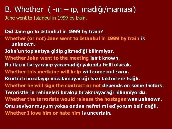 B. Whether ( -ın – ıp, madığı/maması) Jane went to Istanbul in 1999 by