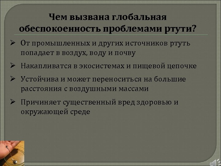 Чем вызвана глобальная обеспокоенность проблемами ртути? Ø От промышленных и других источников ртуть попадает