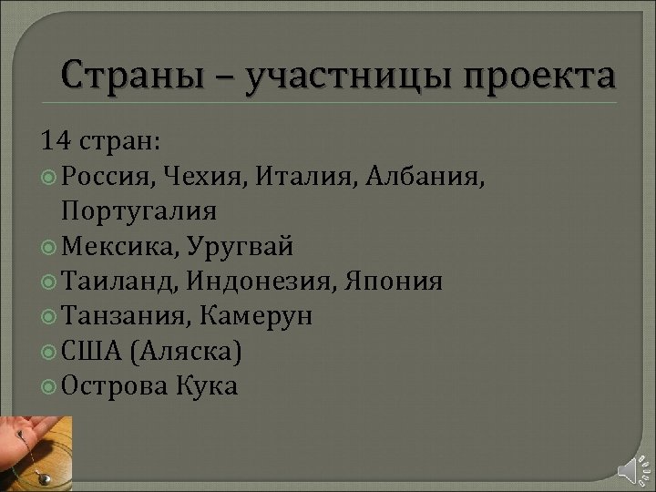 Страны – участницы проекта 14 стран: Россия, Чехия, Италия, Албания, Португалия Мексика, Уругвай Таиланд,