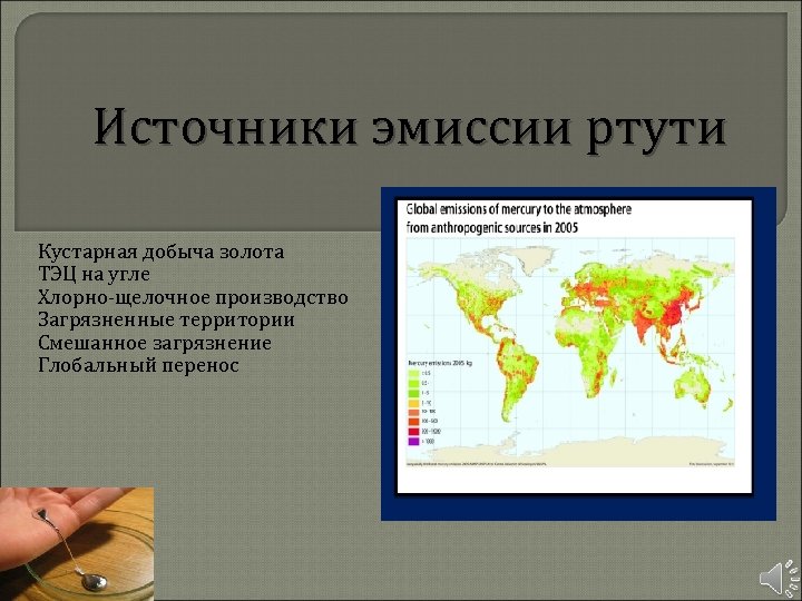 Источники эмиссии ртути Кустарная добыча золота ТЭЦ на угле Хлорно-щелочное производство Загрязненные территории Смешанное