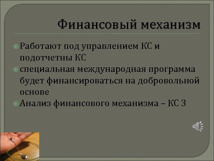 Финансовый механизм Работают под управлением КС и подотчетны КС специальная международная программа будет финансироваться