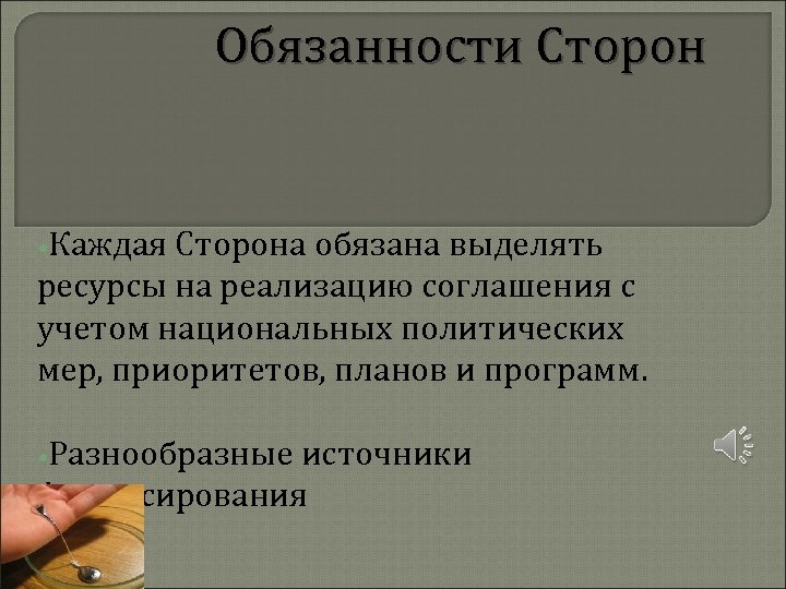 Обязанности Сторон • Каждая Сторона обязана выделять ресурсы на реализацию соглашения с учетом национальных