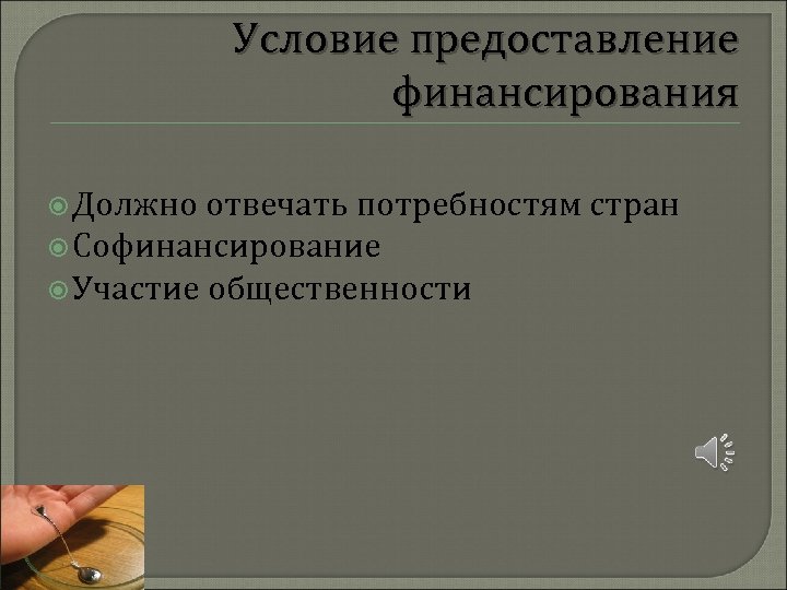 Условие предоставление финансирования Должно отвечать потребностям стран Софинансирование Участие общественности 