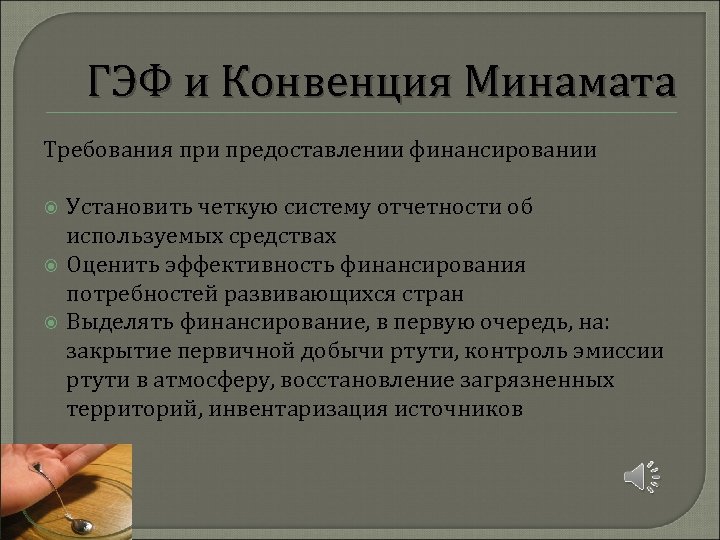 ГЭФ и Конвенция Минамата Требования при предоставлении финансировании Установить четкую систему отчетности об используемых