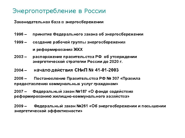 Энергопотребление в России Законодательная база в энергосбережении 1996 – принятие Федерального закона об энергосбережении