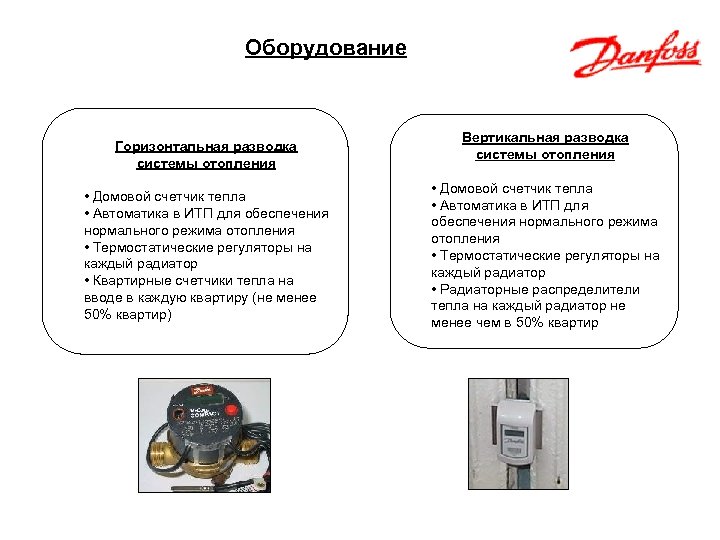 Оборудование Горизонтальная разводка системы отопления • Домовой счетчик тепла • Автоматика в ИТП для