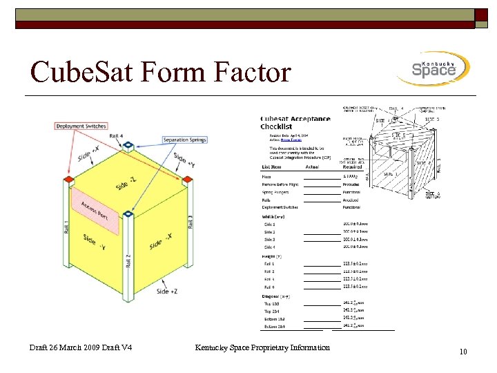 Cube. Sat Form Factor Draft 26 March 2009 Draft V 4 Kentucky Space Proprietary