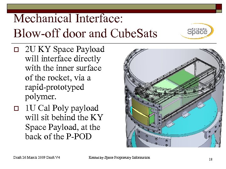 Mechanical Interface: Blow-off door and Cube. Sats o o 2 U KY Space Payload