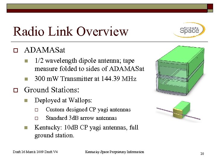 Radio Link Overview o ADAMASat n n o 1/2 wavelength dipole antenna; tape measure