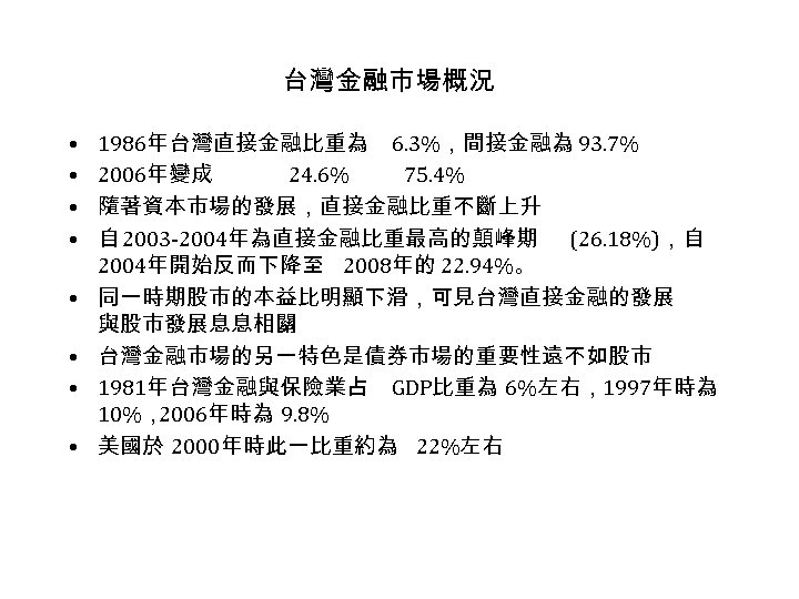 台灣金融市場概況 • • 1986年台灣直接金融比重為 6. 3%，間接金融為 93. 7% 2006年變成 24. 6% 75. 4% 隨著資本市場的發展，直接金融比重不斷上升