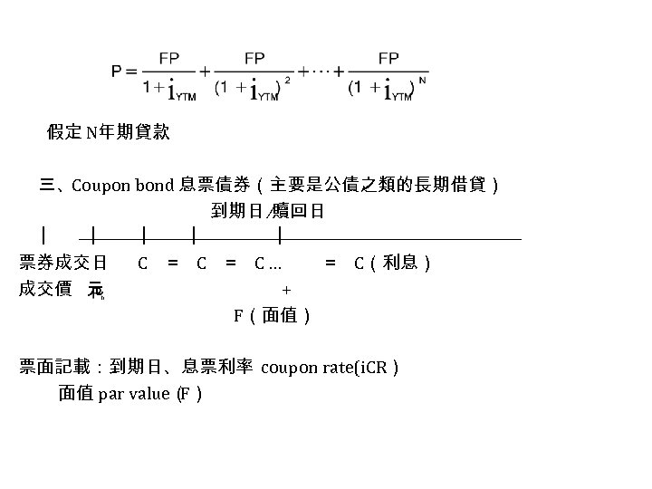 假定 N年期貸款 三、Coupon bond 息票債券（主要是公債之類的長期借貸） 到期日 ∕贖回日 ︱ ︱ ︱ 票券成交日 C ＝ C…