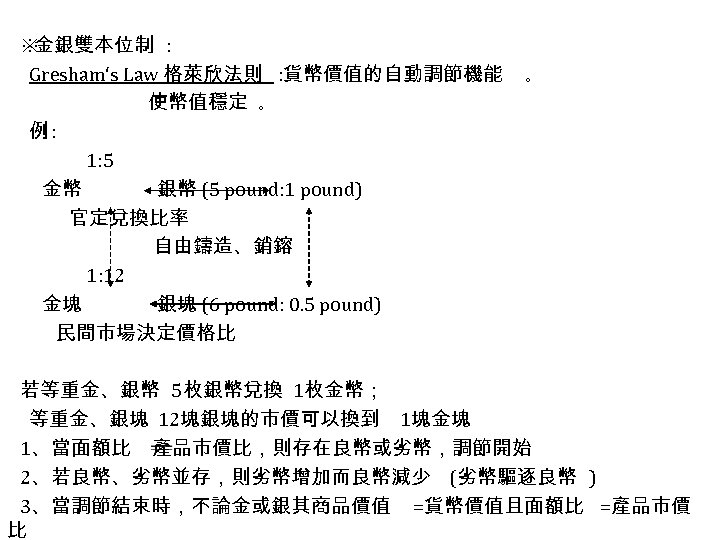 ※ 金銀雙本位制 : Gresham‘s Law 格萊欣法則 : 貨幣價值的自動調節機能 使幣值穩定 ｡ 例: 1: 5 金幣