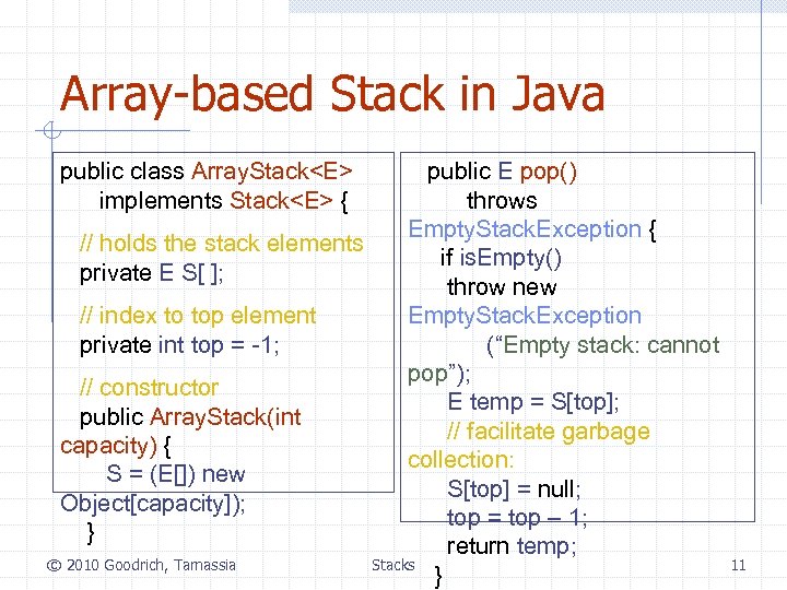 Array-based Stack in Java public class Array. Stack<E> implements Stack<E> { public E pop()