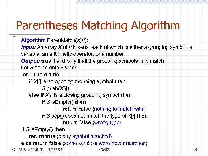 Parentheses Matching Algorithm Paren. Match(X, n): Input: An array X of n tokens, each