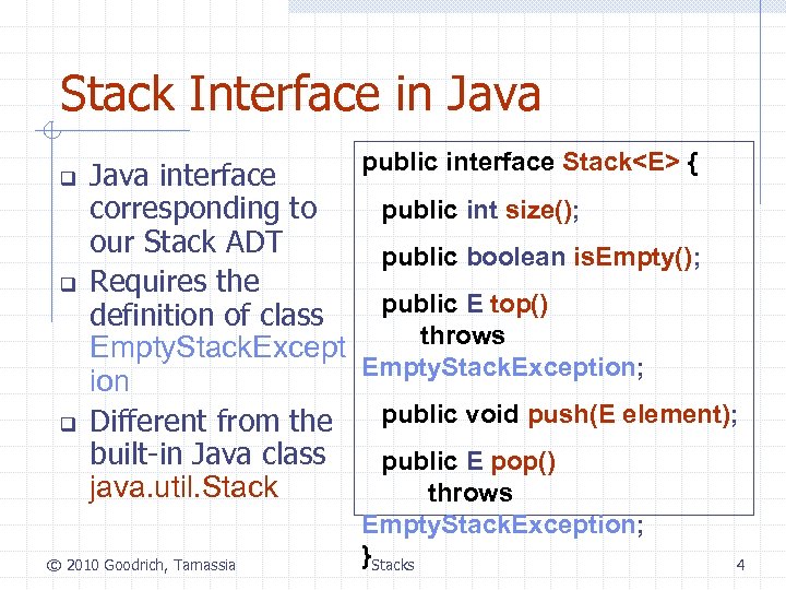 Stack Interface in Java q q q public interface Stack<E> { Java interface public