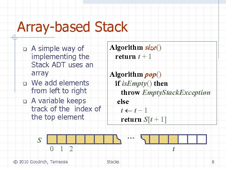 Array-based Stack q q q A simple way of implementing the Stack ADT uses