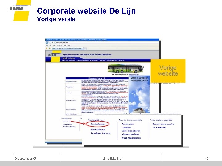 Corporate website De Lijn Vorige versie 6 september 07 Sms-ticketing 10 