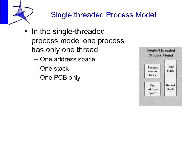 Single threaded Process Model • In the single-threaded process model one process has only