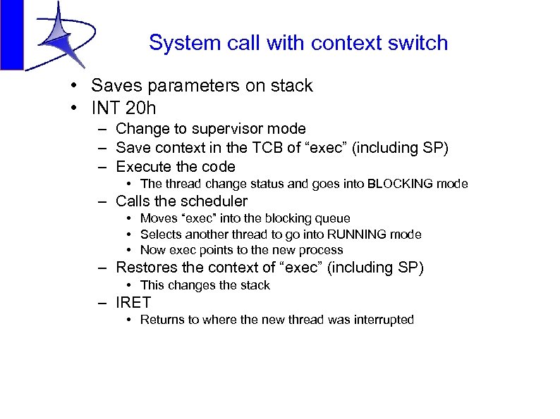 System call with context switch • Saves parameters on stack • INT 20 h