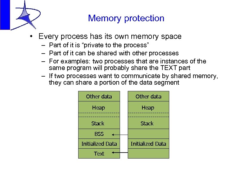 Memory protection • Every process has its own memory space – Part of it