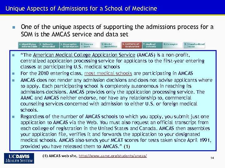 Unique Aspects of Admissions for a School of Medicine n One of the unique
