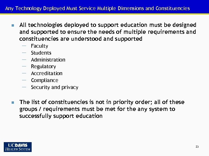 Any Technology Deployed Must Service Multiple Dimensions and Constituencies n All technologies deployed to