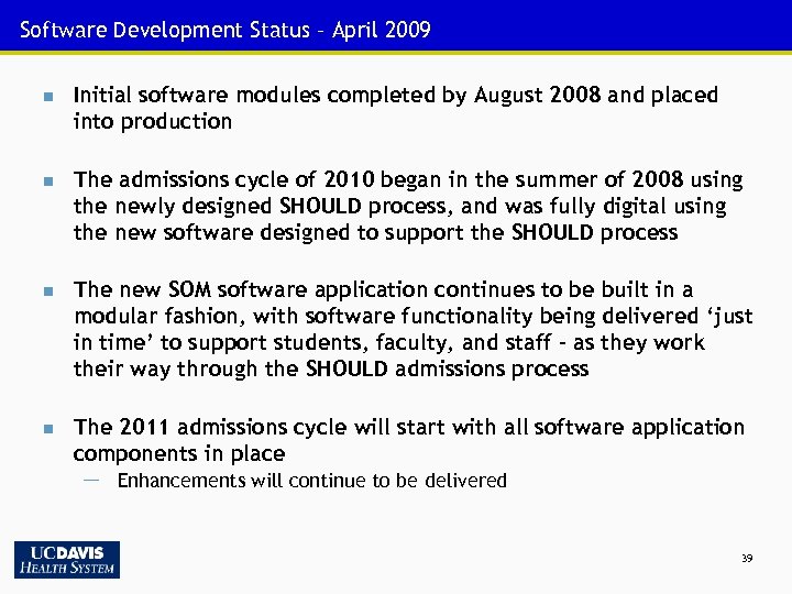 Software Development Status – April 2009 n Initial software modules completed by August 2008