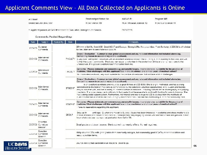 Applicant Comments View – All Data Collected on Applicants is Online 66 