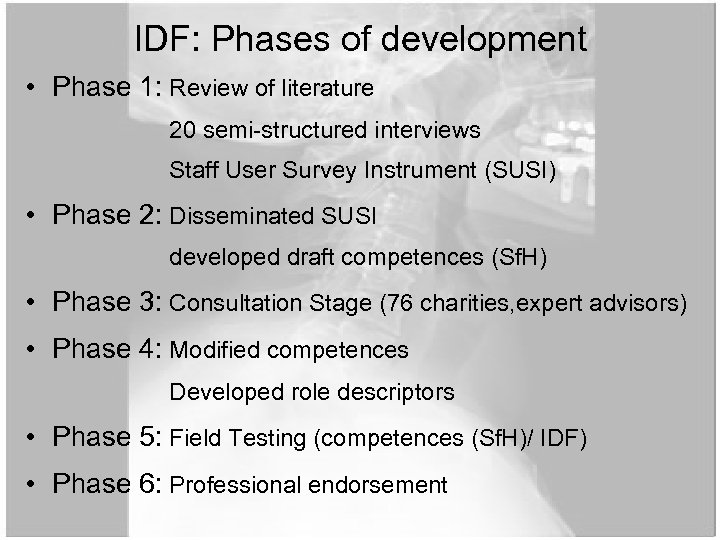 IDF: Phases of development • Phase 1: Review of literature 20 semi-structured interviews Staff