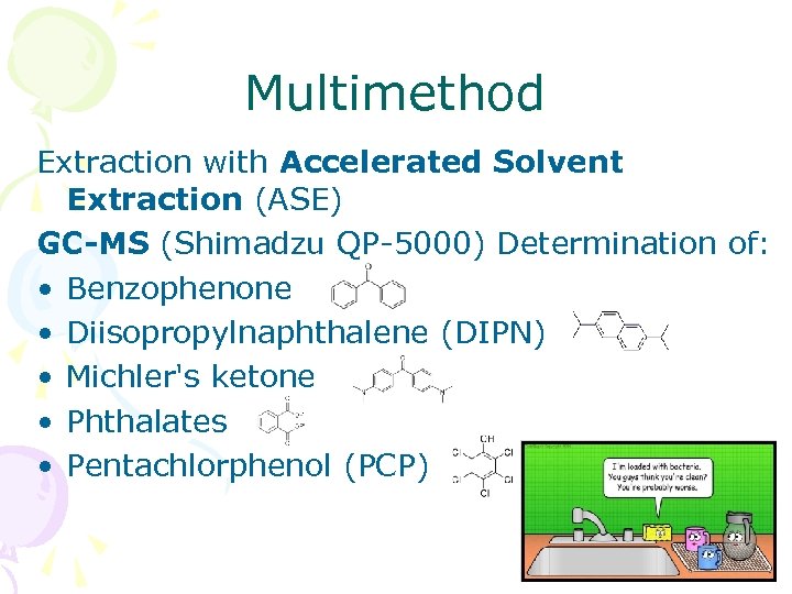 Multimethod Extraction with Accelerated Solvent Extraction (ASE) GC-MS (Shimadzu QP-5000) Determination of: • Benzophenone